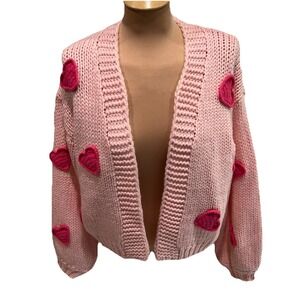 Tullabee‎ Pink Chunky Knit Cardigan Sweater Hearts Novelty Love Girlcore